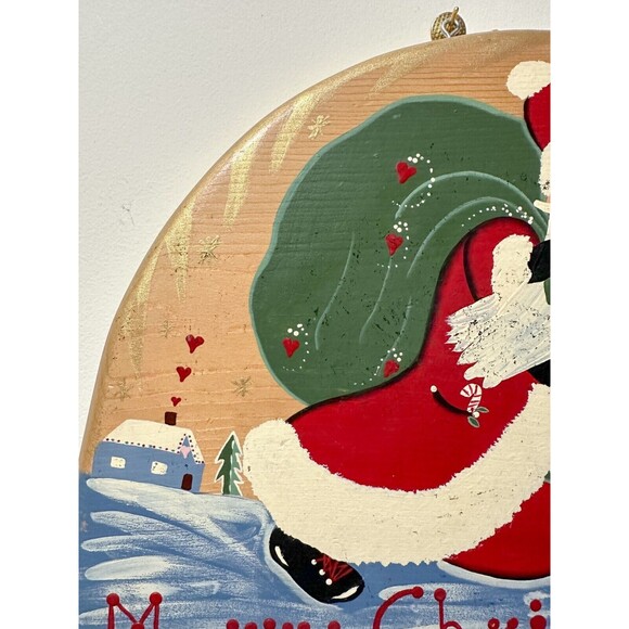 Vintage Handmade Wooden Santa Sign Christmas Hand Painted Kitschy Wood Signed - Picture 3 of 7